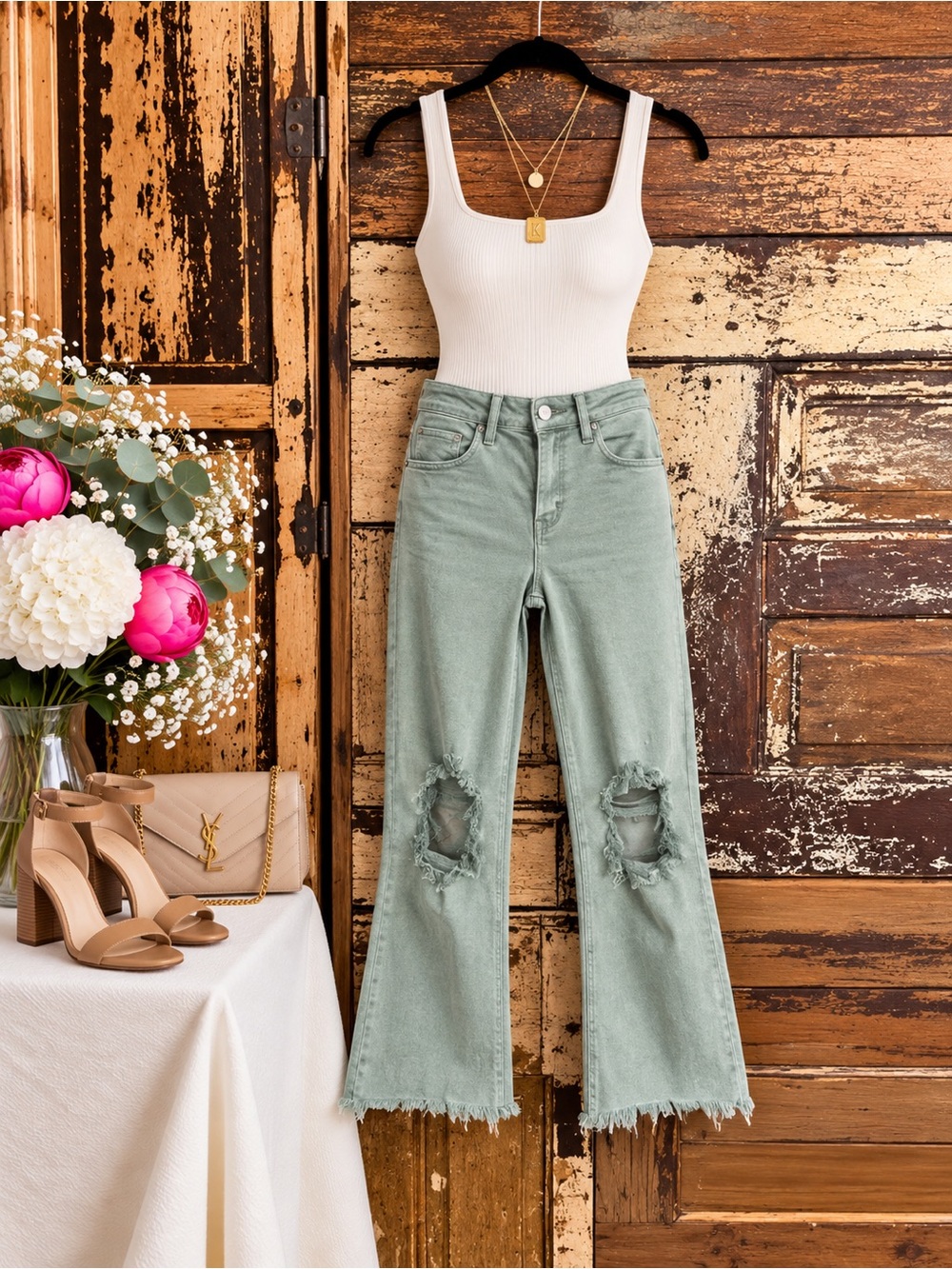 Risen Sage Green Jeans | High Rise Distressed Cropped Flare | Size 28 NWOT